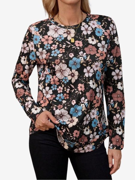 

Women's Long Sleeve Tee T-shirt Spring/Fall Floral Jersey Crew Neck Daily Going Out Casual Top, Flower, T-Shirts