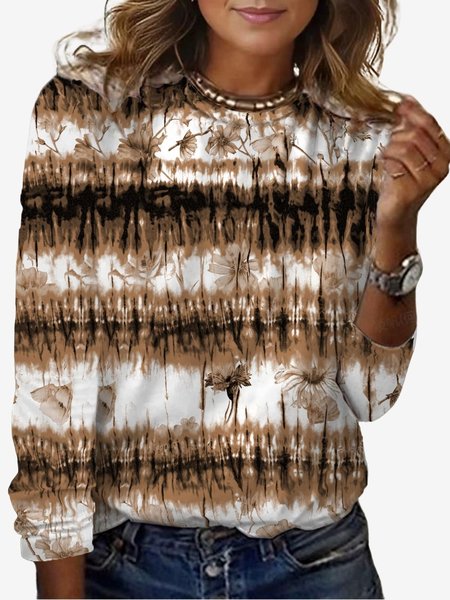 

Women's Long Sleeve Tee T-shirt Spring/Fall Tie-Dye Pattern Jersey Crew Neck Daily Going Out Casual Top, Brown, T-Shirts