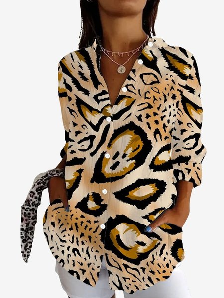

Women's Long Sleeve Shirt Spring/Fall Leopard Shirt Collar Daily Going Out Casual Top, Brown, Shirts
