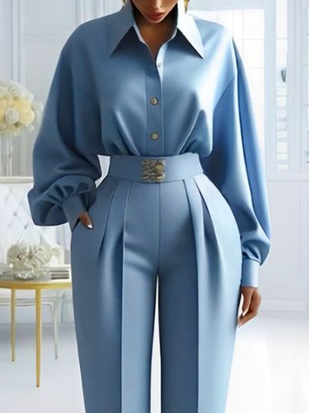 

Urban Plain Shirt Collar Balloon Sleeve Shirt, Blue, Blouses and Shirts