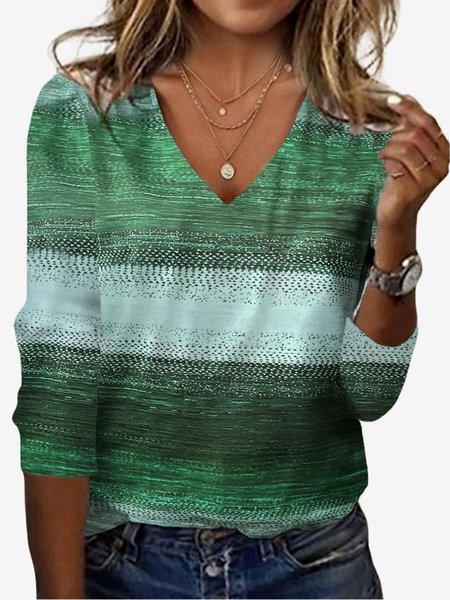 

Women's Long Sleeve Tee T-shirt Spring/Fall Abstract Jersey V Neck Vacation Going Out Casual Top, Green, T-Shirts