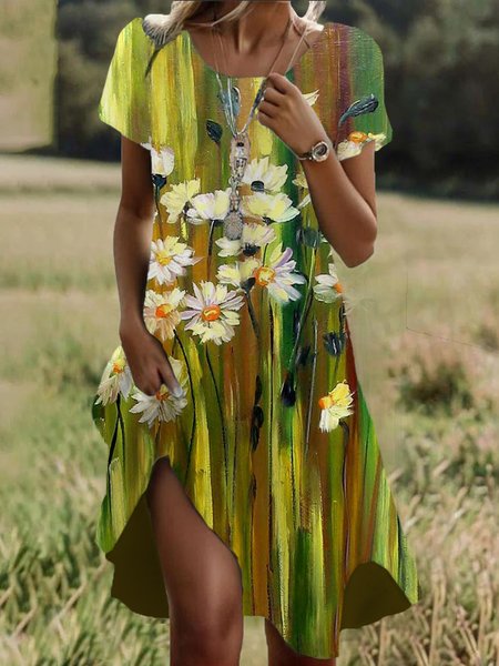 

Women's Short Sleeve Summer Floral Dress Crew Neck Daily Going Out Casual Midi H-Line T-Shirt Dress, Green, Dresses