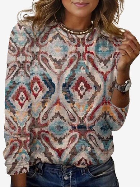 Women`s Long Sleeve Tee T-shirt Spring/Fall Ethnic Jersey Crew Neck Daily Going Out Casual Top T-Shirts