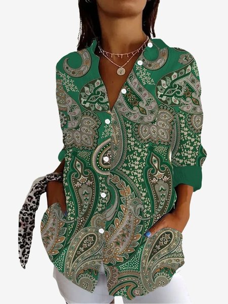 

Women's Long Sleeve Shirt Spring/Fall Ethnic Shirt Collar Daily Going Out Casual Top, Green, Shirts