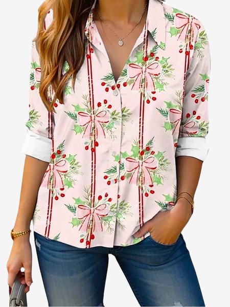 

Women's Long Sleeve Shirt Spring/Fall Christmas Shirt Collar Daily Going Out Casual Top, Pink, Shirts