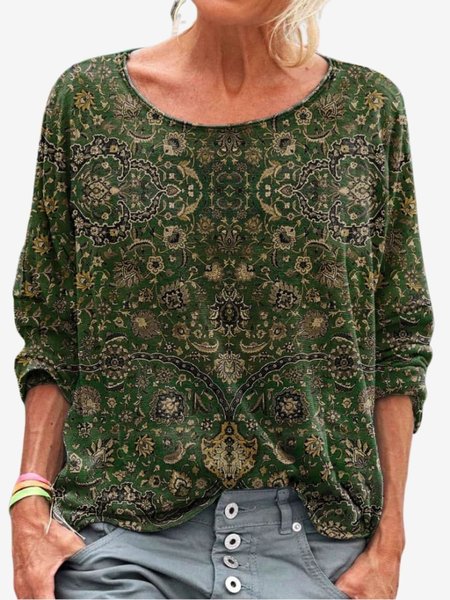 Women`s Long Sleeve Tee T-shirt Spring/Fall Ethnic Jersey Crew Neck Daily Going Out Casual Top T-Shirts