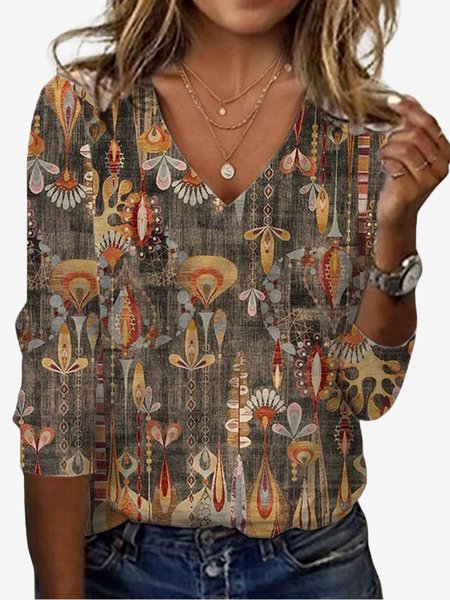 

Women's Long Sleeve Tee T-shirt Spring/Fall Ethnic Jersey V Neck Daily Going Out Casual Top, Brown, T-Shirts