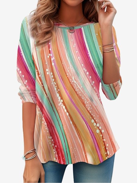 

Women's Long Sleeve Tee T-shirt Spring/Fall Abstract Stripes Jersey Crew Neck Daily Going Out Casual Top, Orange, T-Shirts