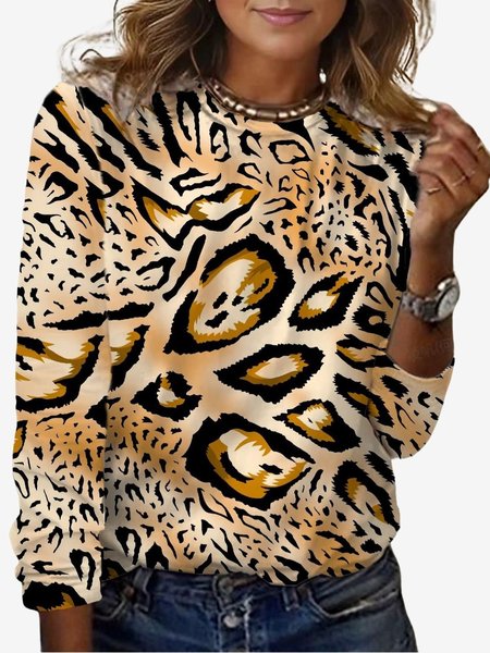 

Women's Long Sleeve Tee T-shirt Spring/Fall Leopard Jersey Crew Neck Daily Going Out Casual Top, Brown, T-Shirts