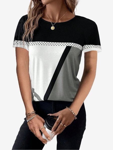 

Women's Short Sleeve Tee T-shirt Summer Color Block Jersey Crew Neck Holiday Going Out Casual Top, Black, T-Shirts