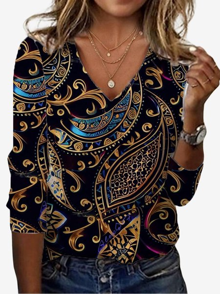 

Women's Long Sleeve Tee T-shirt Spring/Fall Ethnic Jersey V Neck Daily Going Out Casual Top, Black, T-Shirts