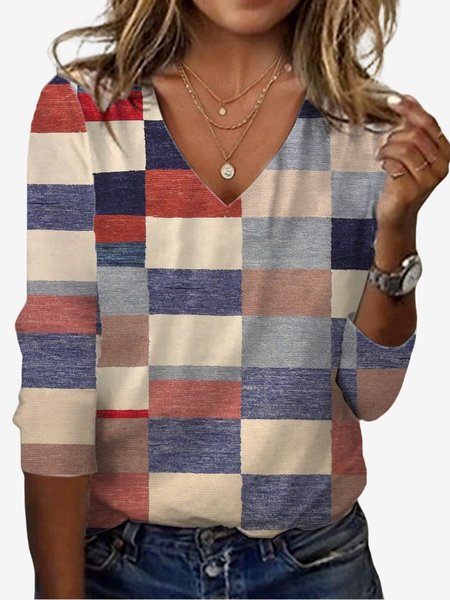 

Women's Long Sleeve Tee T-shirt Spring/Fall Geometric Jersey V Neck Daily Going Out Casual Top, Blue, T-Shirts