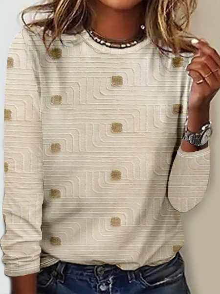 

Casual Long Sleeve Round Neck T-Shirt, Oatmeal, Long sleeves