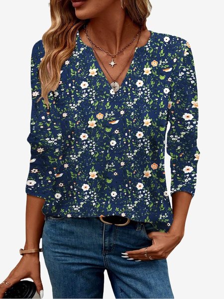 

Women's Long Sleeve Blouse Spring/Fall Floral Jersey V Neck Daily Going Out Casual Top, Deep blue, Blouses