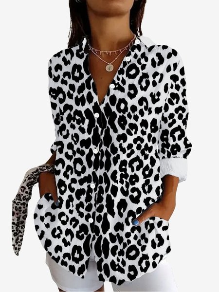 

Women's Long Sleeve Shirt Spring/Fall Leopard Shirt Collar Daily Going Out Casual Top, Black, Shirts