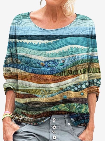 

Women's Long Sleeve Tee T-shirt Spring/Fall Geometric Jersey Crew Neck Daily Going Out Casual Top, Blue, T-Shirts