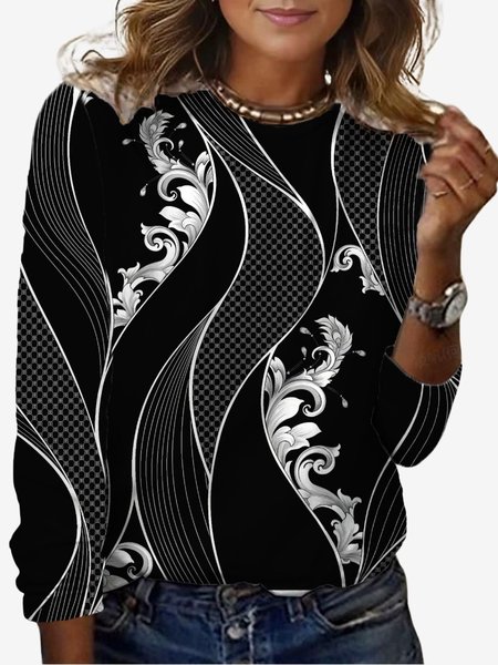 Women's Long Sleeve Tee T-shirt Spring/Fall Geometric Jersey Crew Neck Daily Going Out Casual Top, Black, T-Shirts