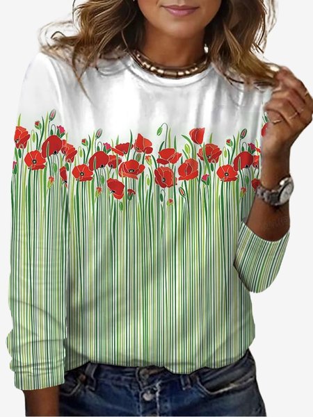 

Women's Long Sleeve Tee T-shirt Spring/Fall Floral Jersey Crew Neck Daily Going Out Casual Top, Green, T-Shirts
