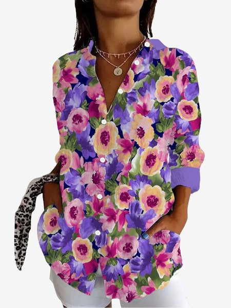 

Women's Long Sleeve Shirt Spring/Fall Floral Shirt Collar Daily Going Out Casual Top, Purple, Shirts