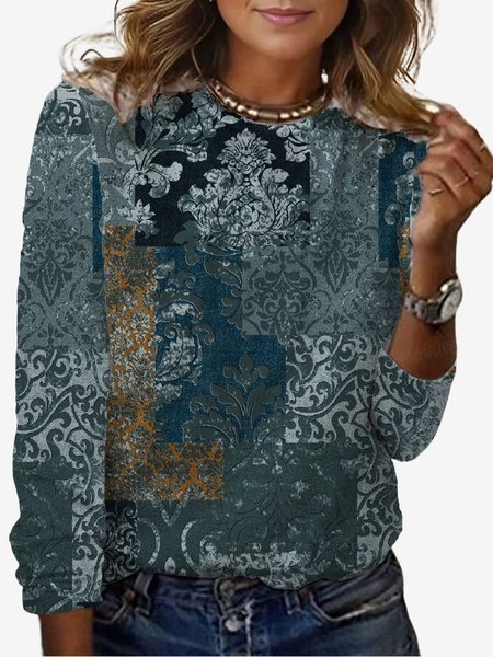 

Women's Long Sleeve Tee T-shirt Spring/Fall Ethnic Jersey Crew Neck Daily Going Out Casual Top, Darkgreen, T-Shirts