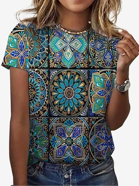 

Women's Short Sleeve Tee T-shirt Summer Ethnic Jersey Crew Neck Holiday Going Out Casual Top, Blue, T-Shirts