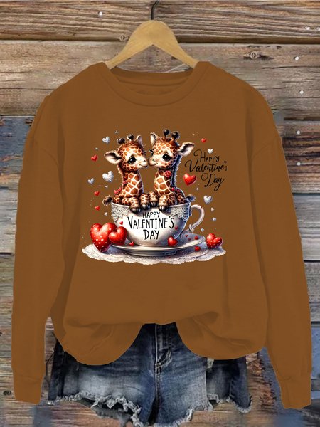 Casual Crew Neck Deer Sweatshirt, Brown, Hoodies & Sweatshirts