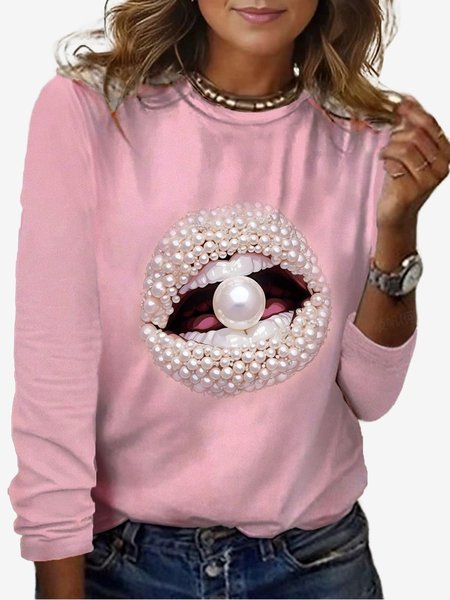 

Women's Long Sleeve Tee T-shirt Spring/Fall Abstract Jersey Crew Neck Daily Going Out Casual Top, Pink, T-Shirts