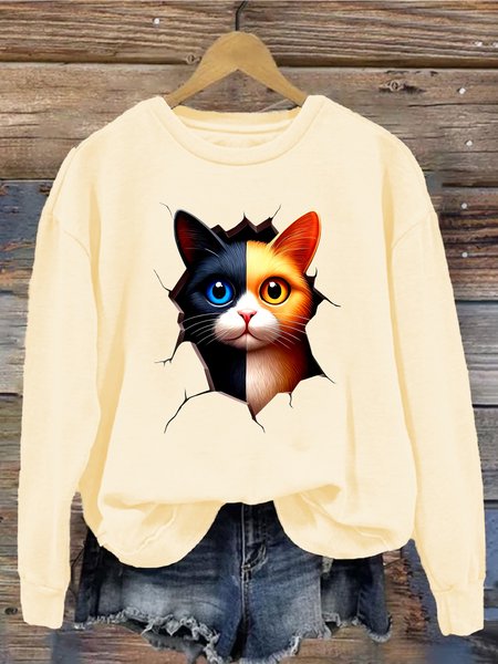 Casual Crew Neck Cat Sweatshirt, Apricot, Hoodies & Sweatshirts