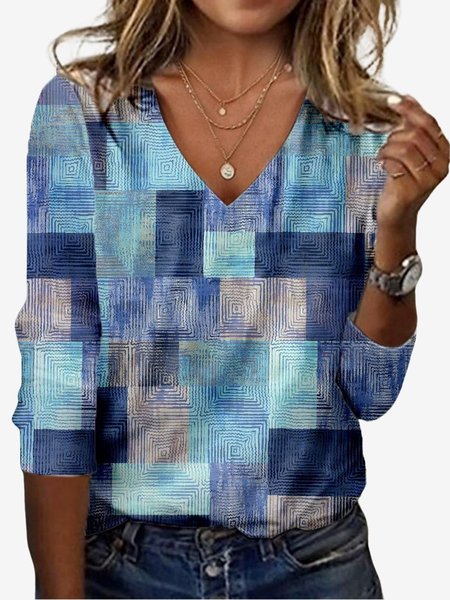 

Women's Long Sleeve Tee T-shirt Spring/Fall Geometric Jersey V Neck Daily Going Out Casual Top, Blue, T-Shirts