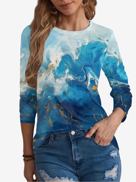 

Women's Long Sleeve Tee T-shirt Spring/Fall Abstract Jersey Crew Neck Holiday Going Out Casual Top, Blue, T-Shirts