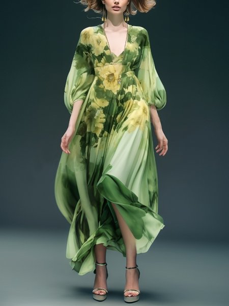 

Vacation Floral Balloon Sleeve Printing V Neck Midi Dress, Green, Maxi Dresses
