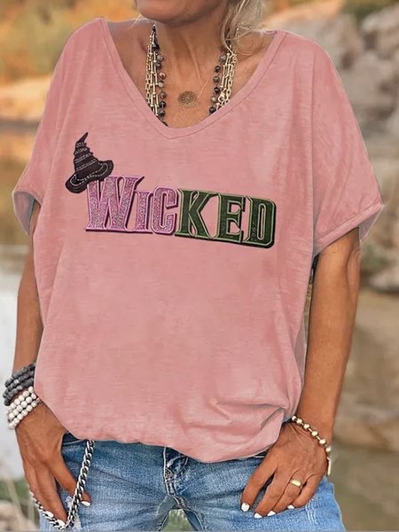 

Vintage Text Letters V Neck Short Sleeve T-shirt, Pink, T-shirts