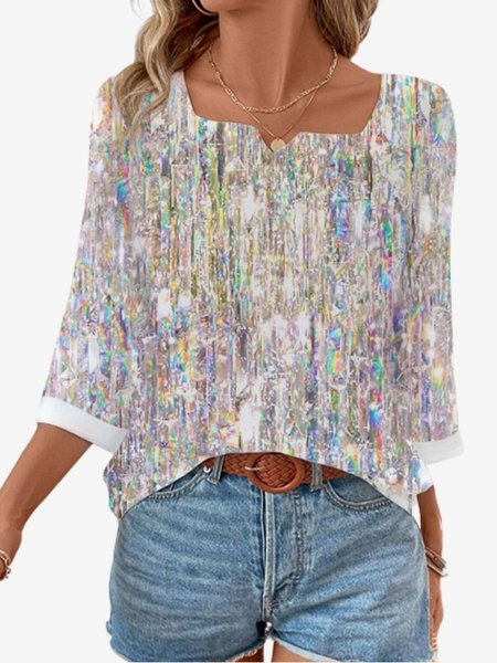 

Women's Three Quarter Sleeve Blouse Spring/Fall Abstract Notched Daily Going Out Casual Top, Multicolor, Blouses