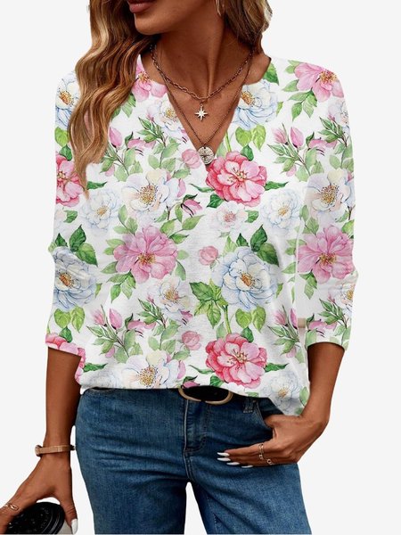 

Women's Long Sleeve Blouse Spring/Fall Floral Jersey V Neck Daily Going Out Casual Top, White, T-Shirts