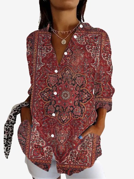 

Women's Long Sleeve Shirt Spring/Fall Ethnic Shirt Collar Vacation Going Out Casual Top, Red, Shirts