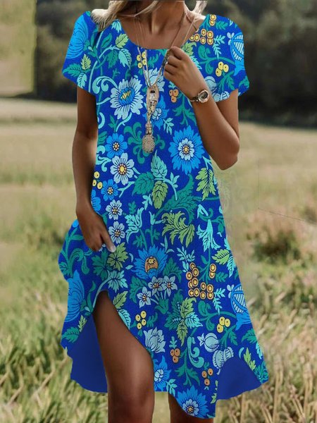 

Women's Short Sleeve Summer Floral Dress Crew Neck Daily Going Out Casual Midi H-Line T-Shirt Dress, Blue, Dresses