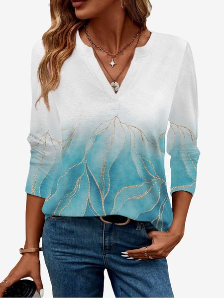 

Women's Long Sleeve Blouse Spring/Fall Abstract Jersey V Neck Daily Going Out Casual Top, Lake blue, T-Shirts