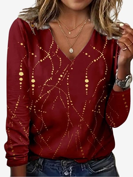 

Women's Long Sleeve Tee T-shirt Spring/Fall Geometric Jersey V Neck Daily Going Out Casual Top, Wine red, T-Shirts