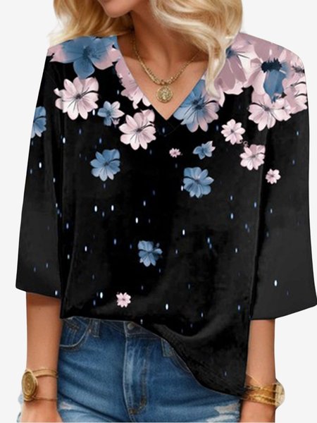 

Women's Three Quarter Sleeve Blouse Spring/Fall Floral V Neck Daily Going Out Casual Top, Black, Blouses