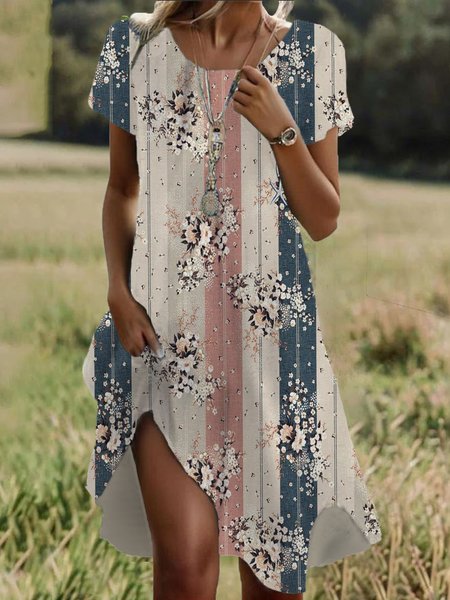 

Women Floral Crew Neck Short Sleeve Comfy Casual Midi Dress, Apricot, Short