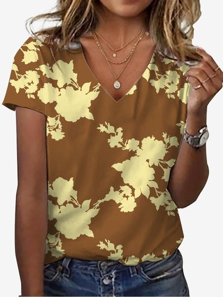 

Women's Short Sleeve Tee T-shirt Summer Floral Jersey V Neck Holiday Going Out Casual Top, Yellow, T-Shirts