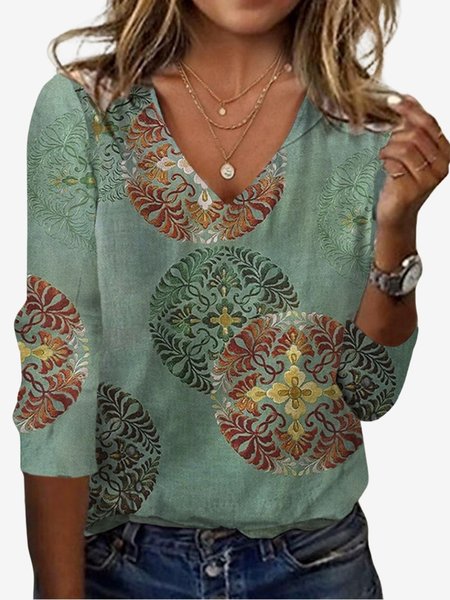 

Women's Long Sleeve Tee T-shirt Spring/Fall Ethnic Jersey V Neck Daily Going Out Casual Top, Green, T-Shirts