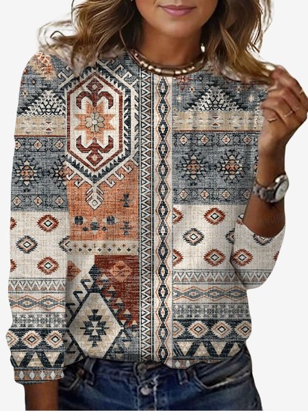 

Women's Long Sleeve Tee T-shirt Spring/Fall Ethnic Jersey Crew Neck Daily Going Out Casual Top, Apricot, T-Shirts
