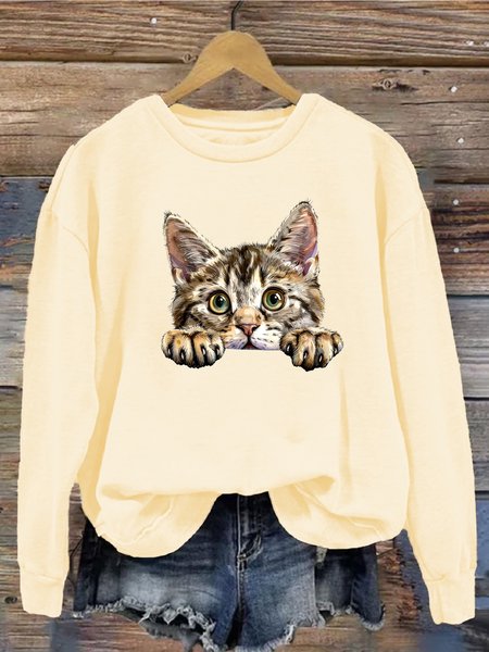 

Casual Crew Neck Cat Sweatshirt, Apricot, Hoodies & Sweatshirts