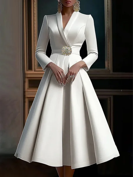 

Elegant Shawl Collar Satin Formal Dress, Off white, Midi Dresses