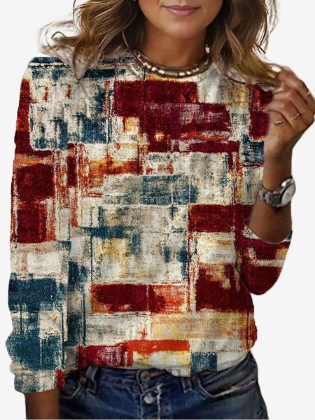 Women's Long Sleeve Tee T-shirt Spring/Fall Geometric Jersey Crew Neck Daily Going Out Casual Top, Wine red, T-Shirts
