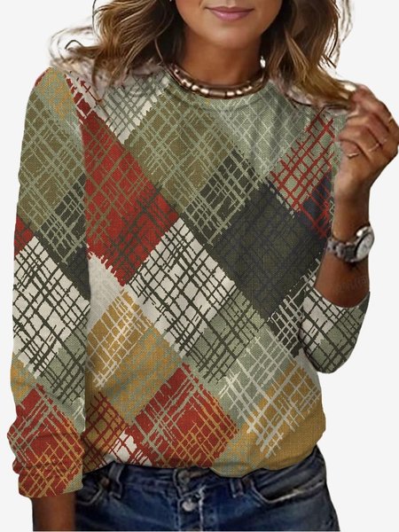 

Women's Long Sleeve Tee T-shirt Spring/Fall Geometric Jersey Crew Neck Daily Going Out Casual Top, Army green, T-Shirts
