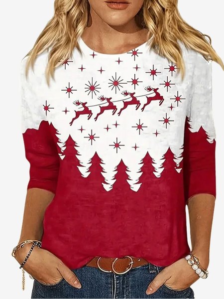 

Women's Long Sleeve Tee T-shirt Spring/Fall Color Block Jersey Crew Neck Daily Going Out Casual Top, Red, T-Shirts
