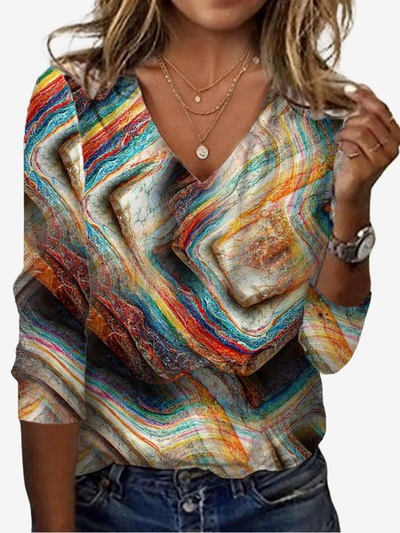 

Women's Long Sleeve Tee T-shirt Spring/Fall Abstract Jersey V Neck Daily Going Out Casual Top, Multicolor, T-Shirts