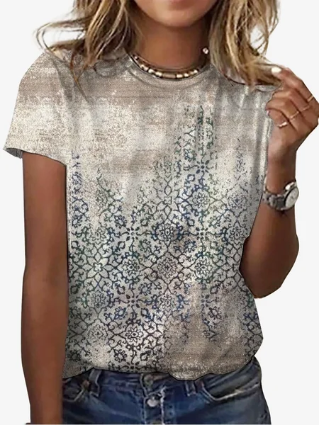

Women's Short Sleeve Tee T-shirt Summer Ethnic Jersey Crew Neck Holiday Going Out Casual Top, Apricot, T-Shirts